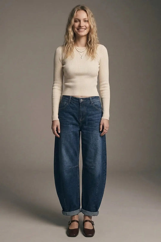 Barrel jeans with balloon-style knee seam detail