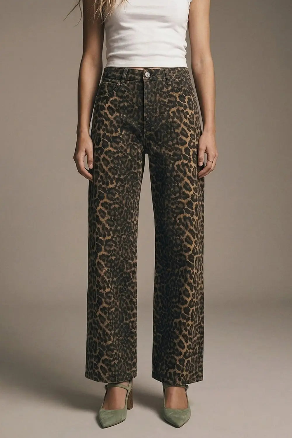 Leopard Print Straight Leg Jeans - Pants