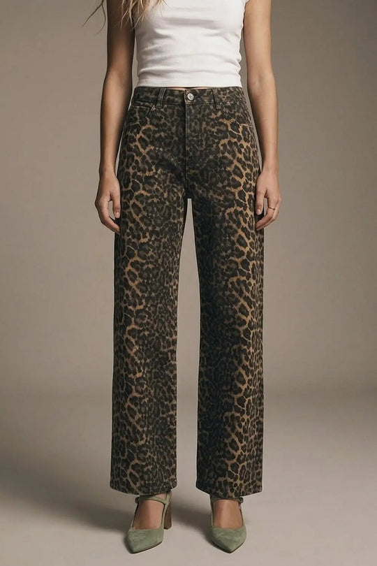 Leopard Print Straight Leg Jeans - Pants