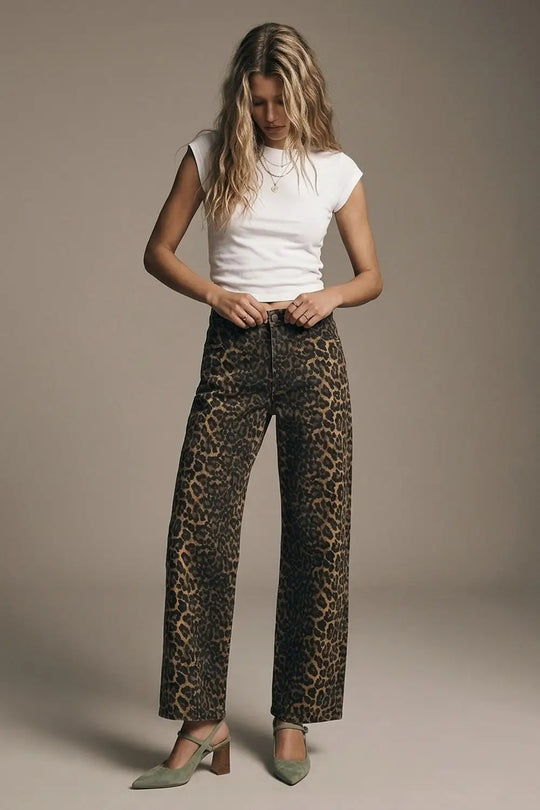 Leopard Print Straight Leg Jeans - Pants