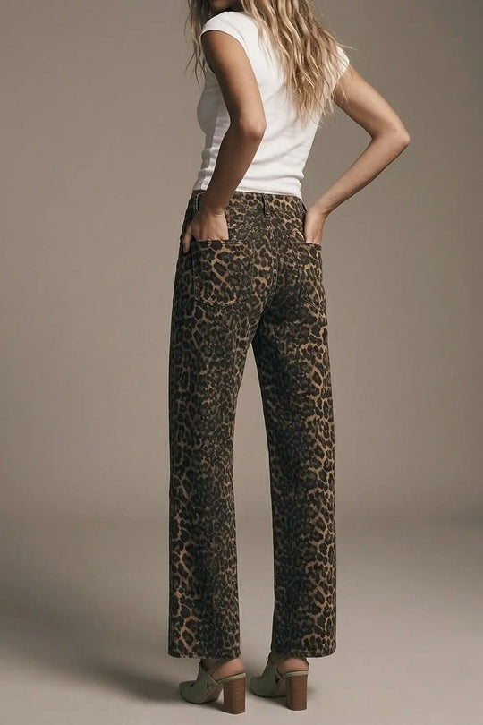 Leopard Print Straight Leg Jeans - Pants