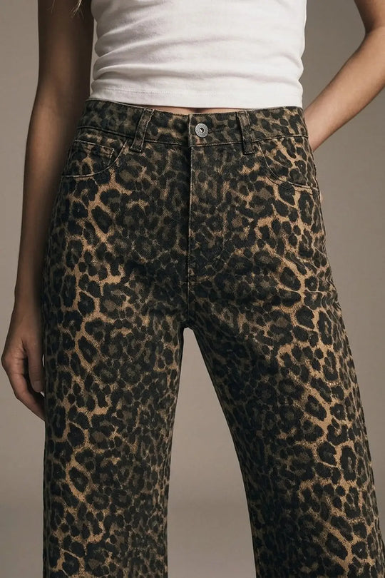 Leopard Print Straight Leg Jeans - Pants