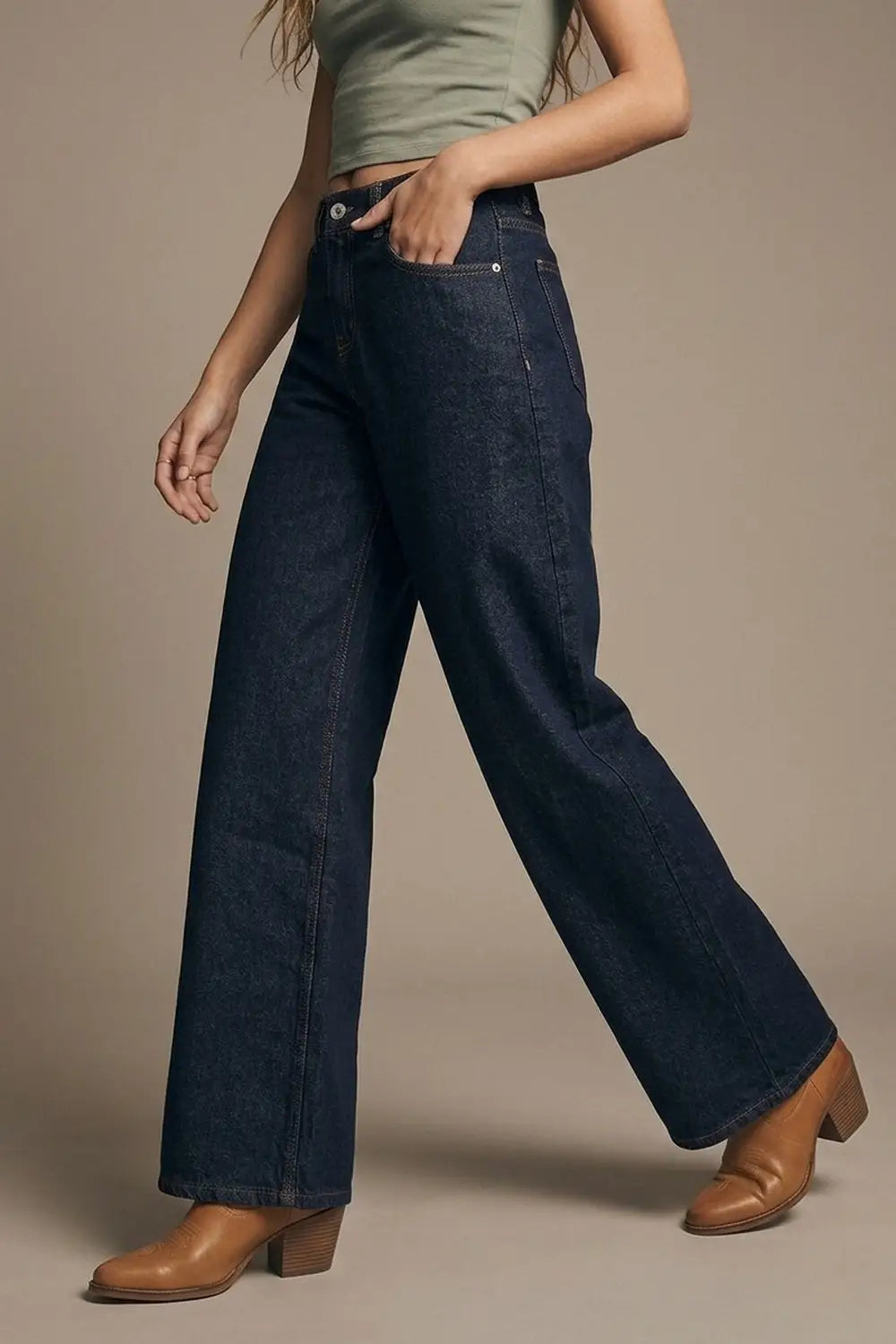 Dark Wash Wide Leg Jeans With Contrasting Stitching