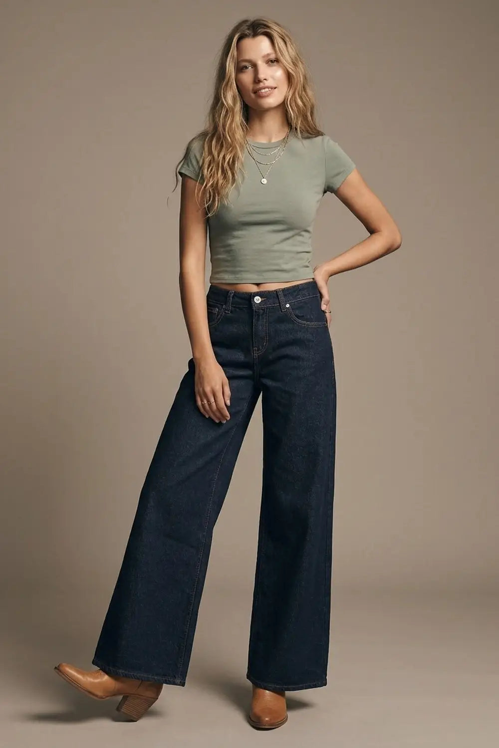 Dark Wash Wide Leg Jeans With Contrasting Stitching