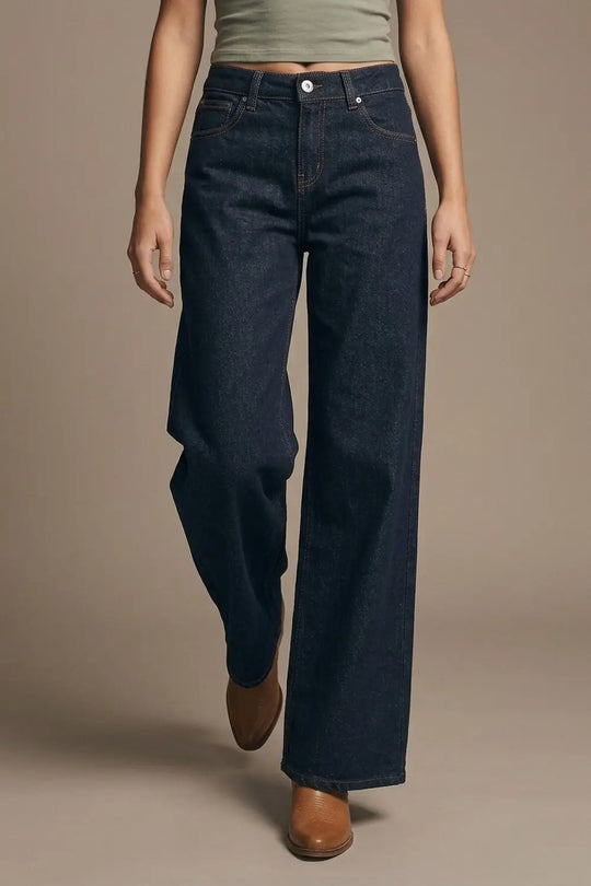 Dark Wash Wide Leg Jeans With Contrasting Stitching