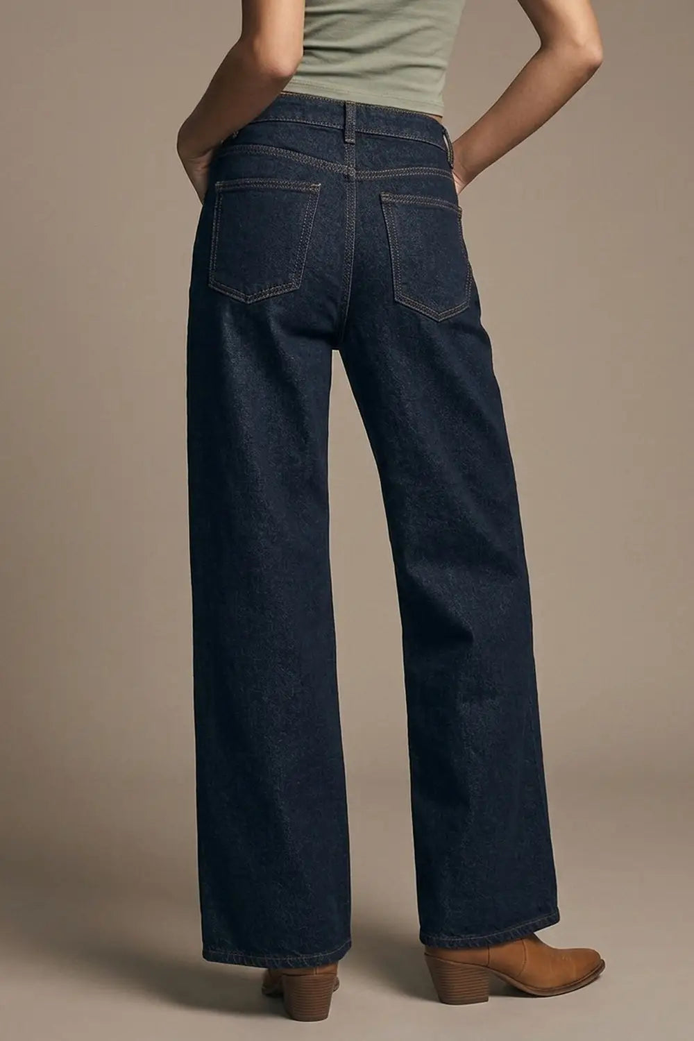 Dark Wash Wide Leg Jeans With Contrasting Stitching