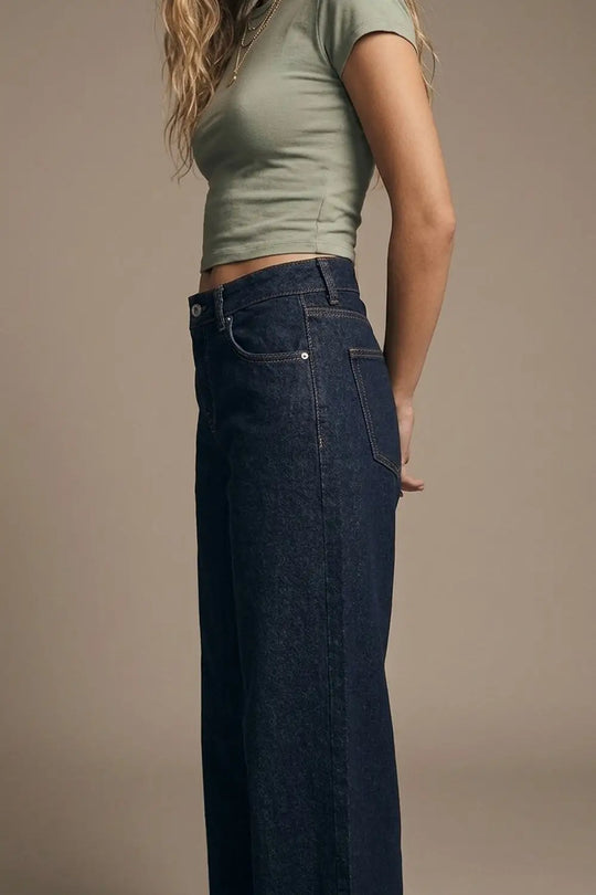 Dark Wash Wide Leg Jeans With Contrasting Stitching