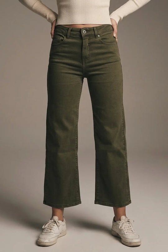 Cropped wide leg jeans in khaki - Colored Jeans