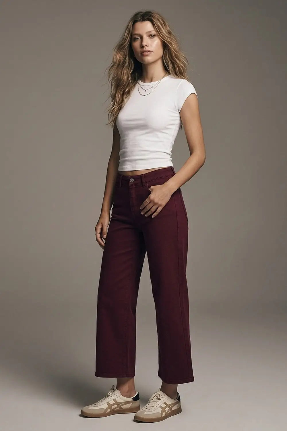 Cropped wide leg jeans in burgundy - Colored Jeans