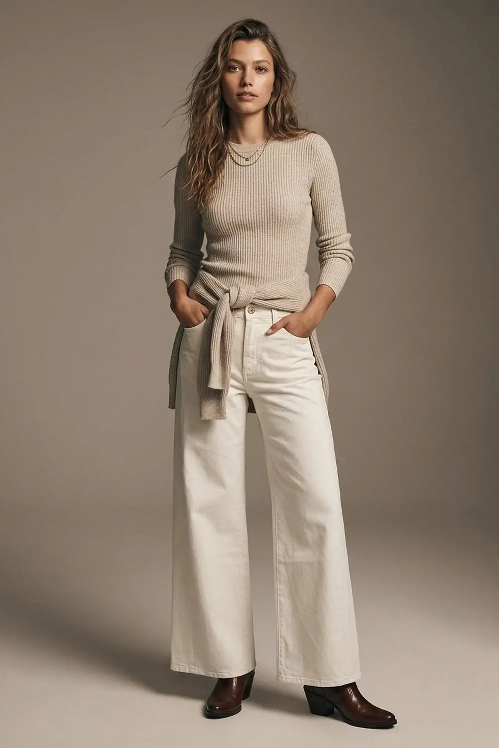 Extra wide leg trousers in cream color - Colored Jeans