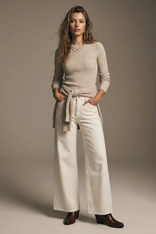 Extra wide leg trousers in cream color - Colored Jeans