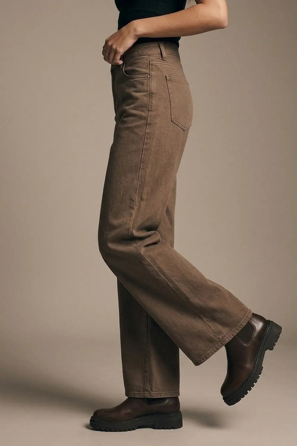 Brown Wide-Leg Casual Cotton Denim Pants - Colored Jeans