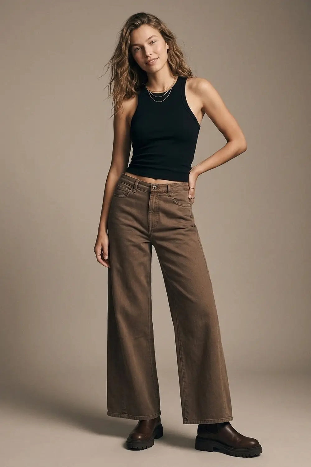 Brown Wide-Leg Casual Cotton Denim Pants - Colored Jeans