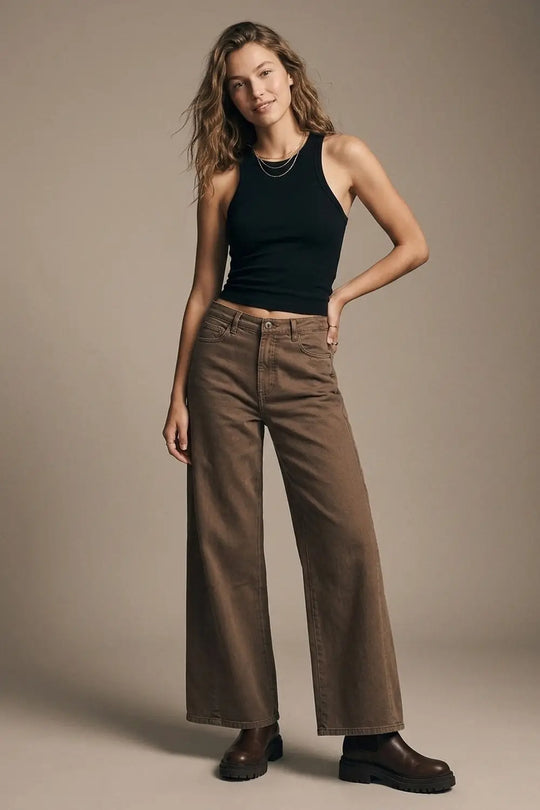Brown Wide-Leg Casual Cotton Denim Pants - Colored Jeans