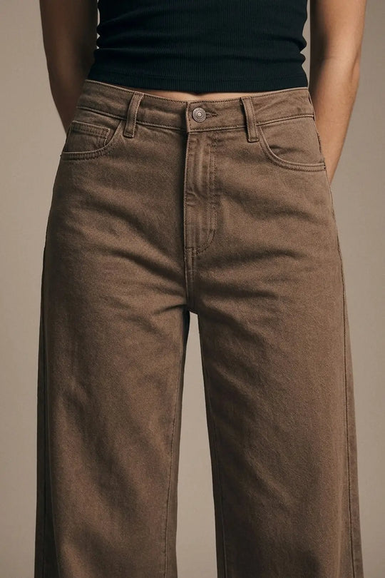 Brown Wide-Leg Casual Cotton Denim Pants - Colored Jeans