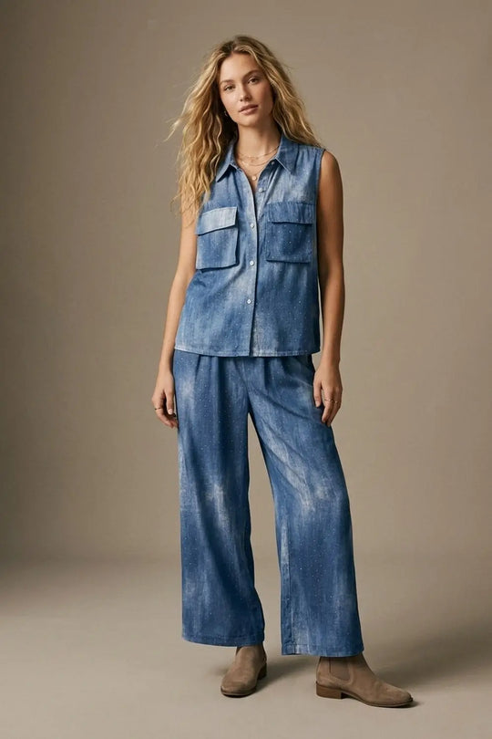 Blue Tie-Dye chiffon Elastic Waist Pants with embellished strass - Pants