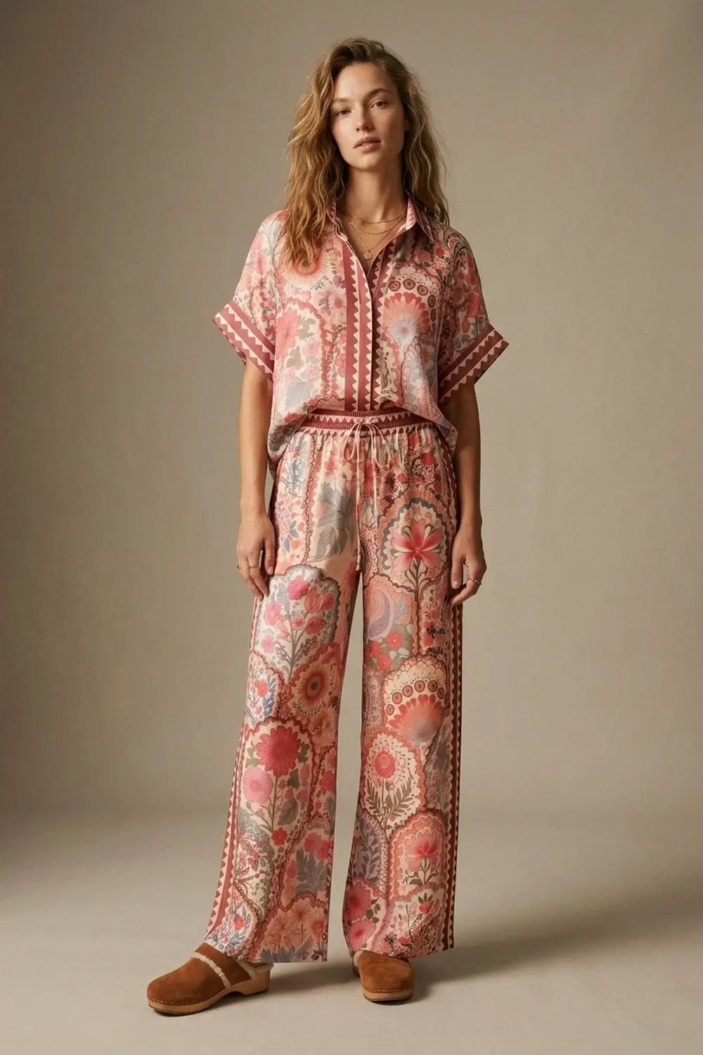 Multicolor Floral Print Lightweight Woven Fabric pants with Waist Wide - Pants