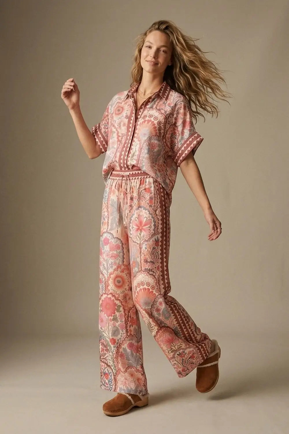 Multicolor Floral Print Lightweight Woven Fabric pants with Waist Wide - Pants