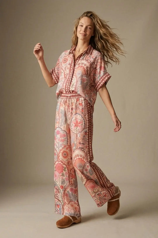 Multicolor Floral Print Lightweight Woven Fabric pants with Waist Wide - Pants