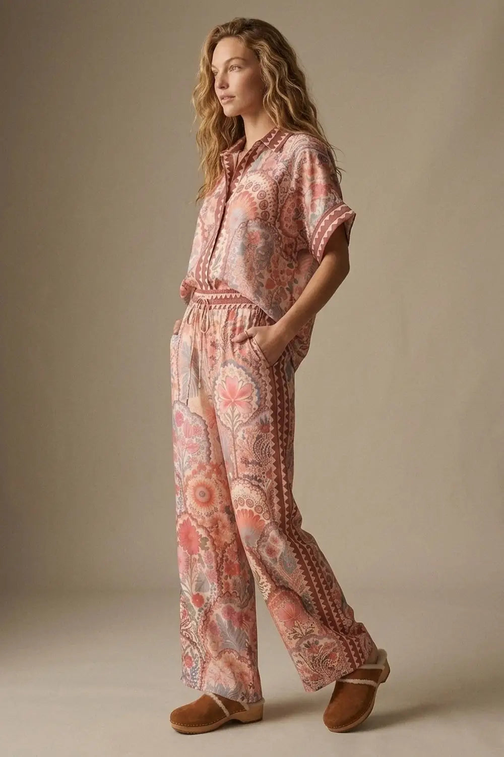 Multicolor Floral Print Lightweight Woven Fabric pants with Waist Wide - Pants