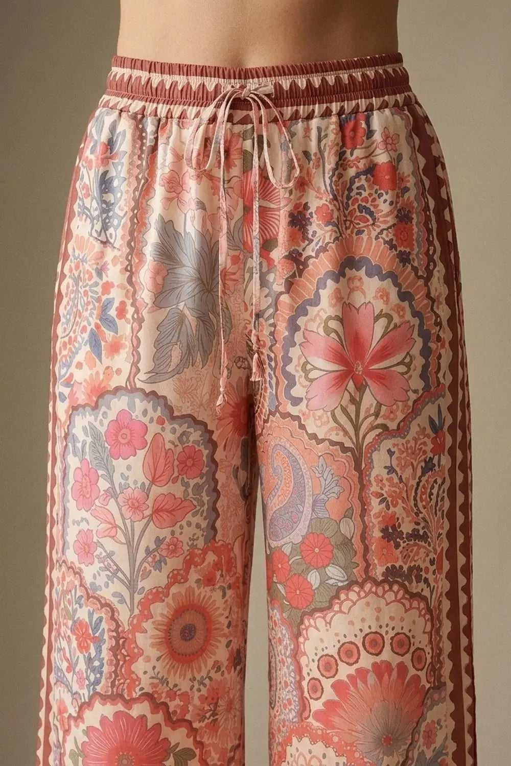Multicolor Floral Print Lightweight Woven Fabric pants with Waist Wide - Pants