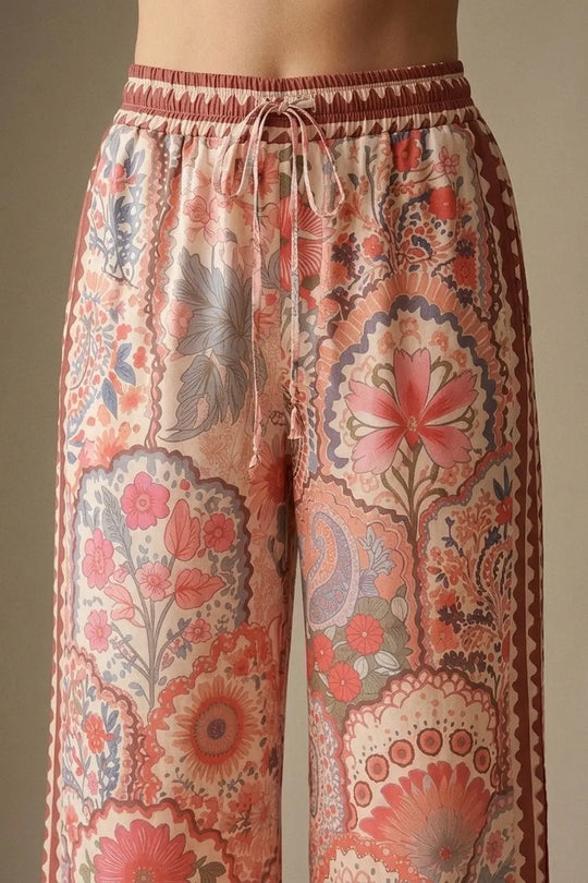 Multicolor Floral Print Lightweight Woven Fabric pants with Waist Wide - Pants