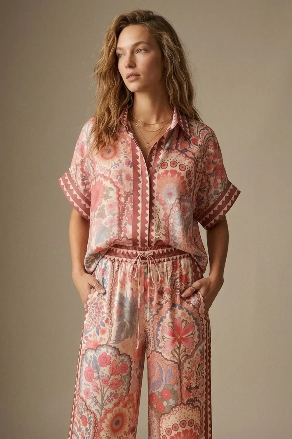Multicolor Floral Print Lightweight facric Contrast Trim Shirt - Shirts