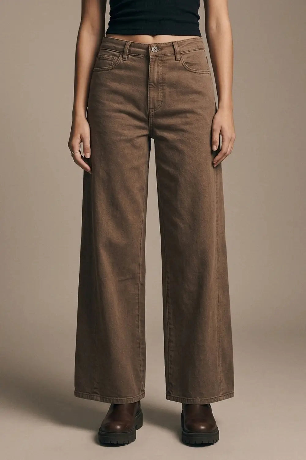 Brown Wide-Leg Casual Cotton Denim Pants - Colored Jeans