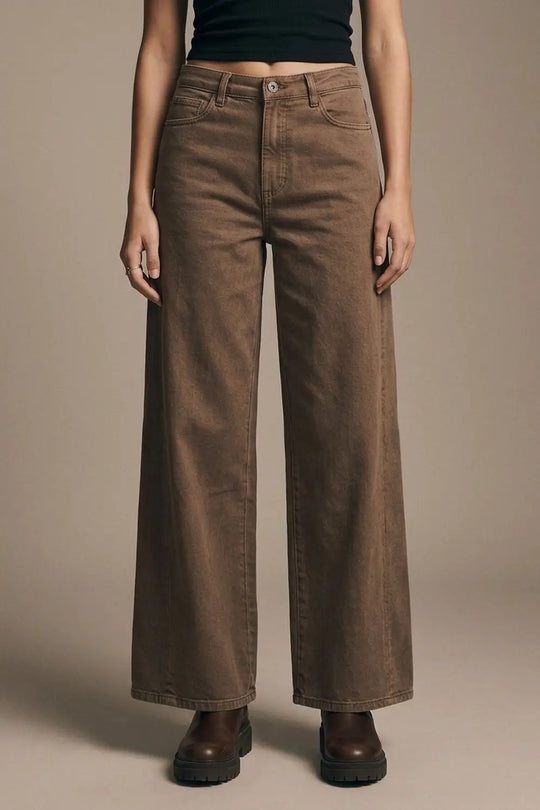 Brown Wide-Leg Casual Cotton Denim Pants - Colored Jeans