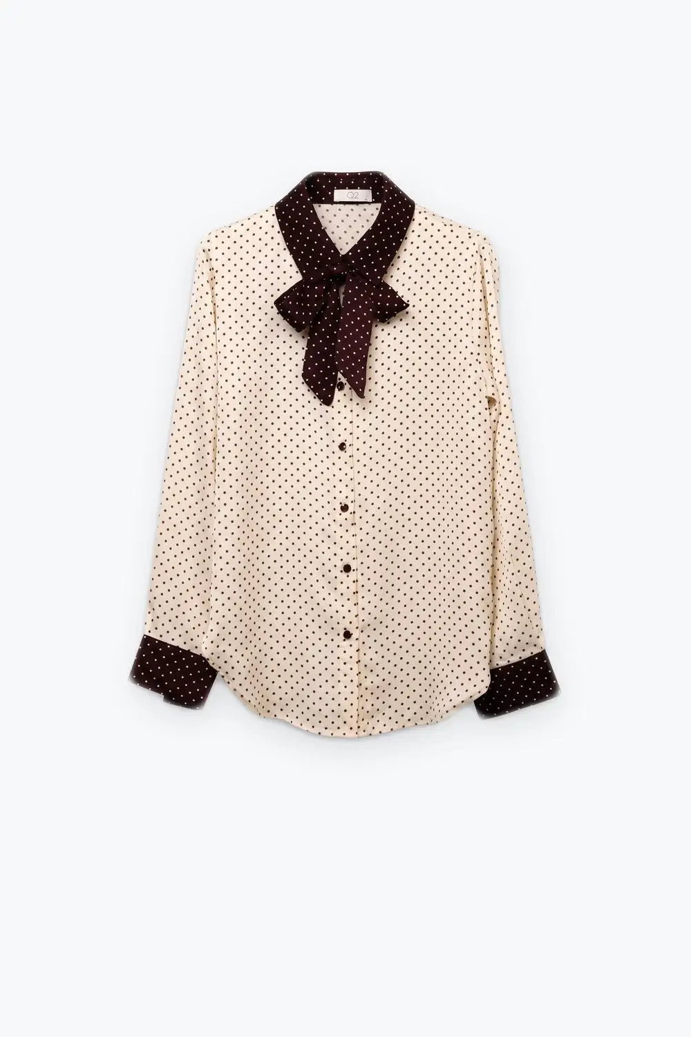 Cream Polka-Dot Print Long Sleeve Blouse with burgundy Contrast Bow Tie