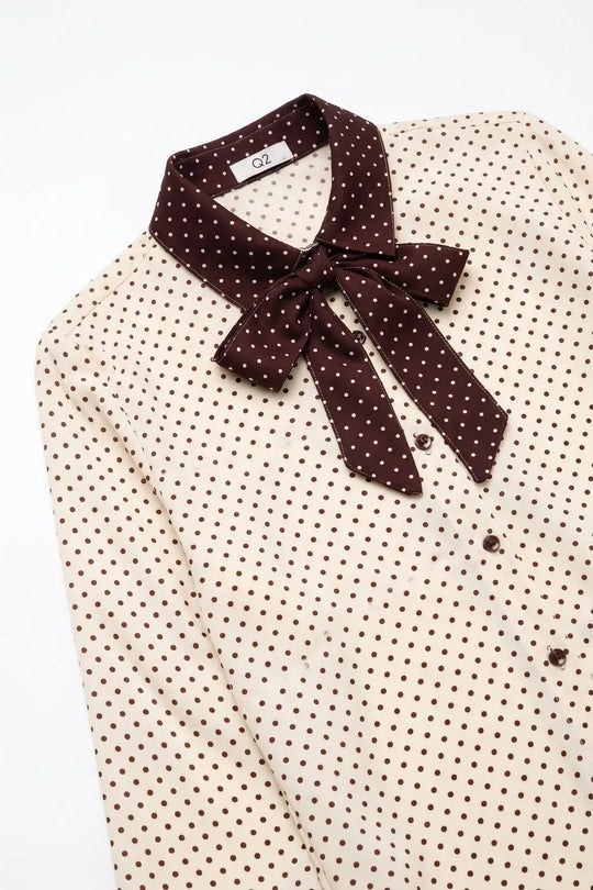 Cream Polka-Dot Print Long Sleeve Blouse with burgundy Contrast Bow Tie