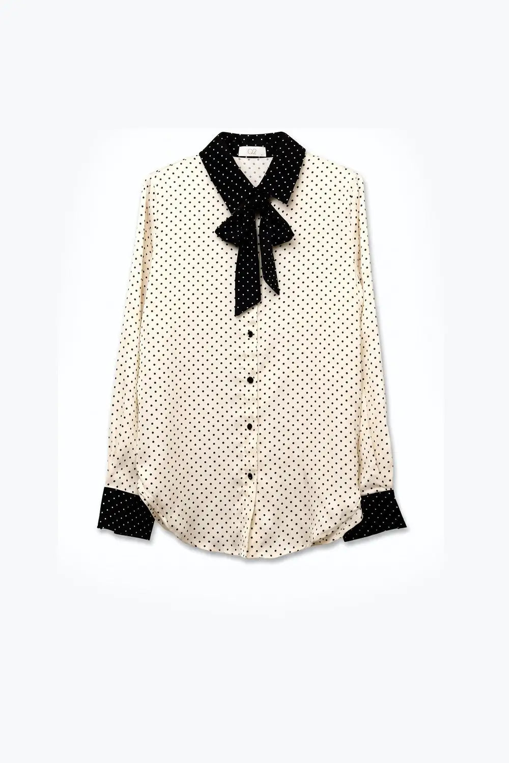 Cream Polka-Dot Lightweight satin black Contrast Tie Neck Blouse Shirt