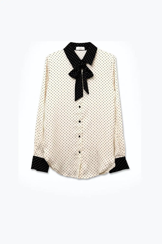 Cream Polka-Dot Lightweight satin black Contrast Tie Neck Blouse Shirt