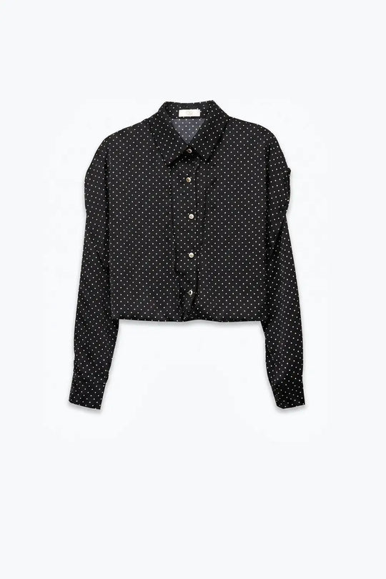 Black Polka-Dot Lightweight satin Cropped Button Shirt