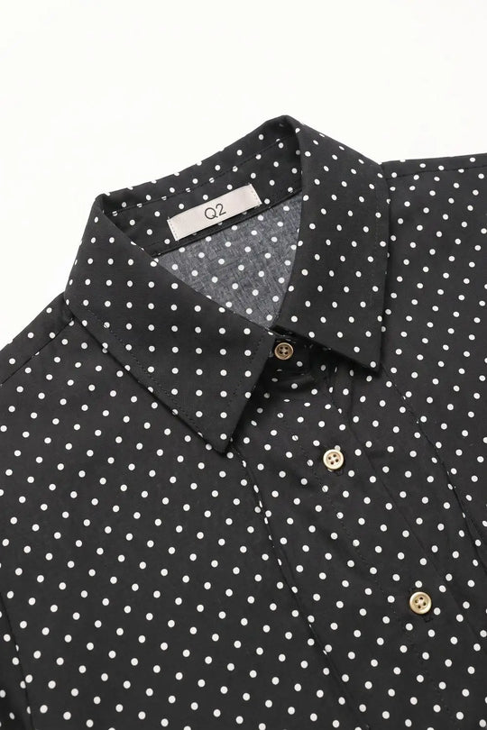 Black Polka-Dot Lightweight satin Cropped Button Shirt