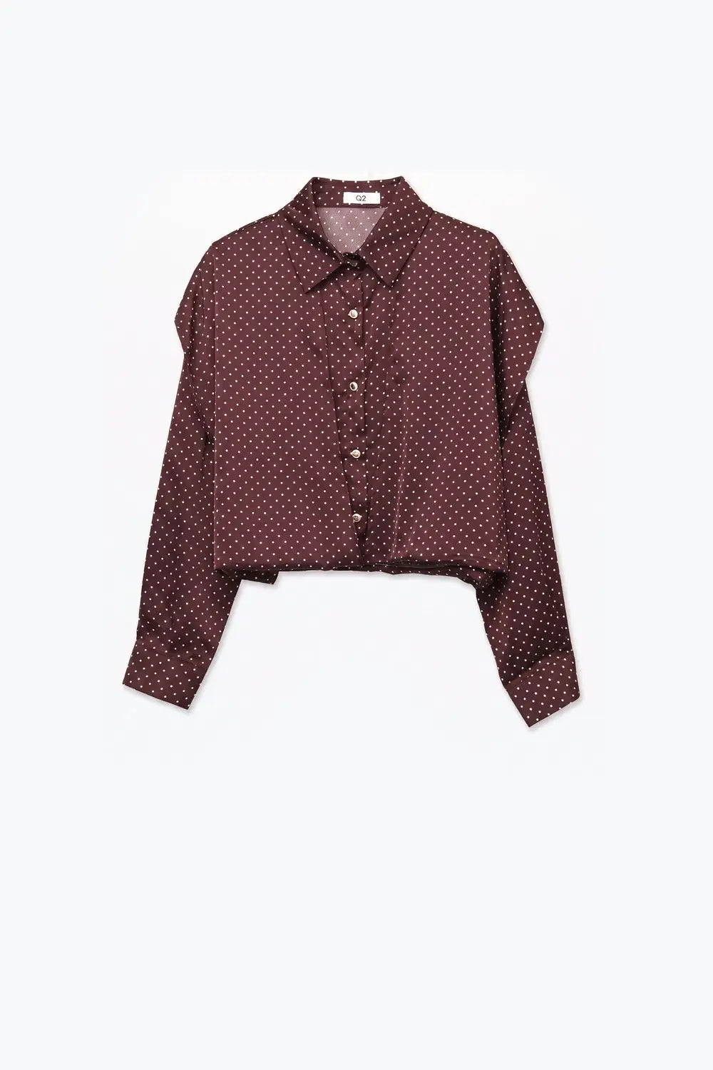 Burgundy Polka-Dot satin Cropped Button Up Shirt