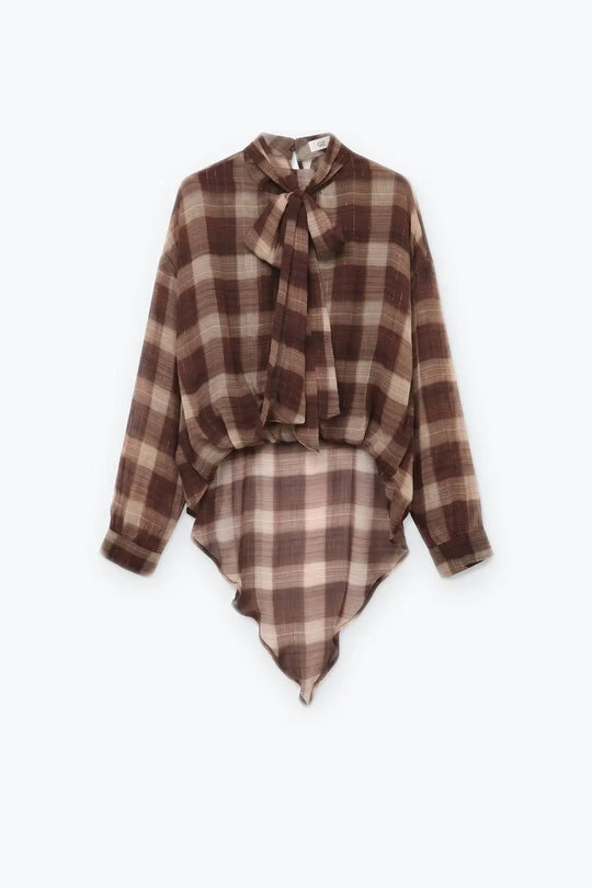 Brown Check printed Asymmetrical back Blouse in chiffon - Shirts