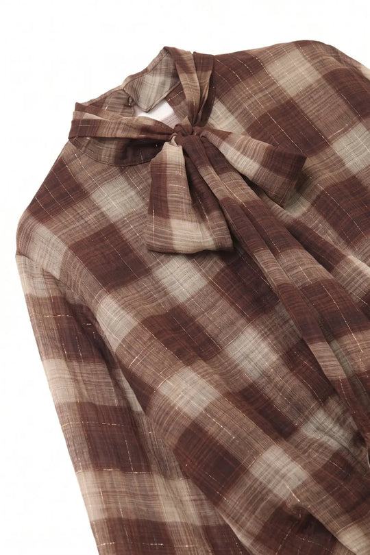 Brown Check printed Asymmetrical back Blouse in chiffon - Shirts