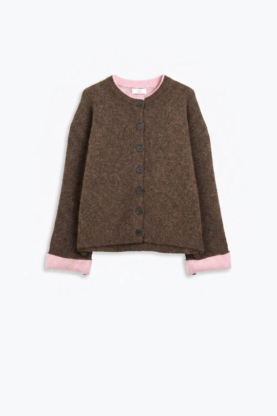 Brown Soft Knit pink Contrast Trim Button Cardigan Sweater - BROWN / ONE - Cardigans