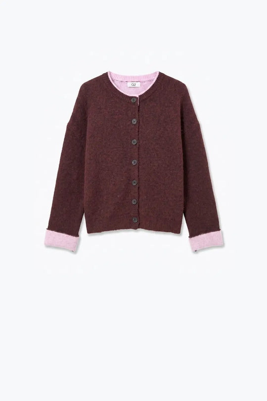 Burgundy Soft Knit Contrast Trim Button Cardigan Sweater - PURPLE / ONE - Cardigans