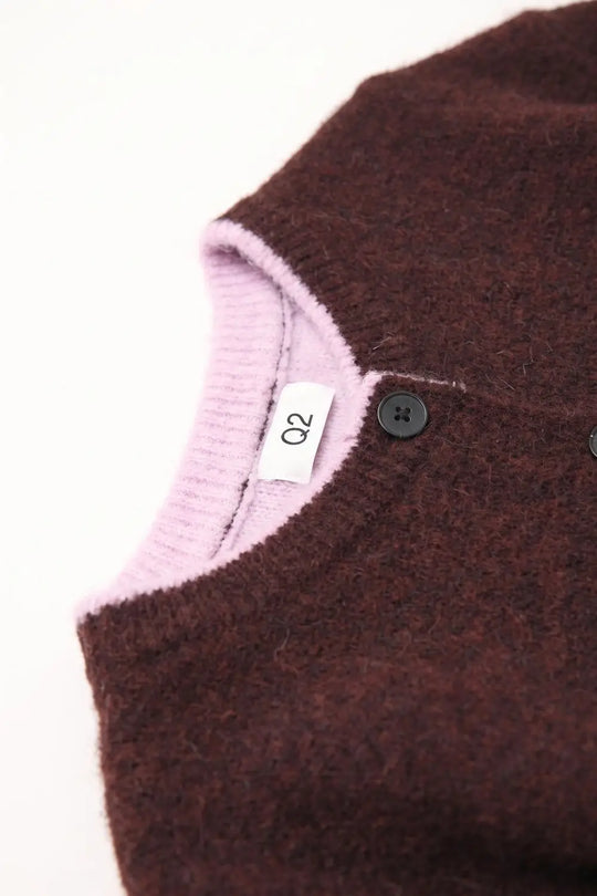 Burgundy Soft Knit Contrast Trim Button Cardigan Sweater - PURPLE / ONE - Cardigans