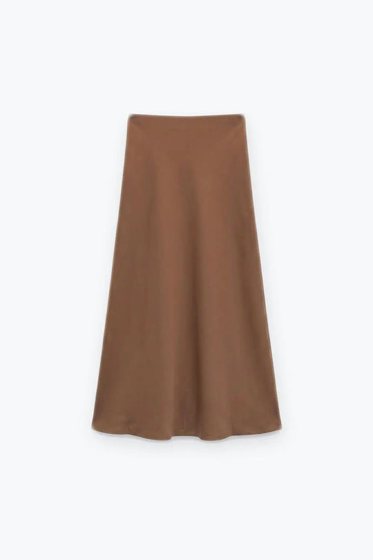 Camel Satin Bias Cut Midi Length Skirt no waistband