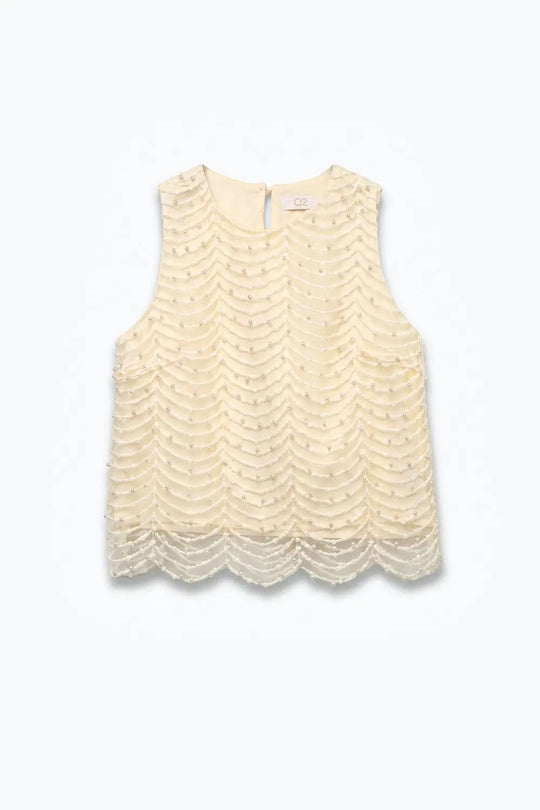 Cream Embellished Beaded Scallop Hem Sleeveless Blouse Top - Tops