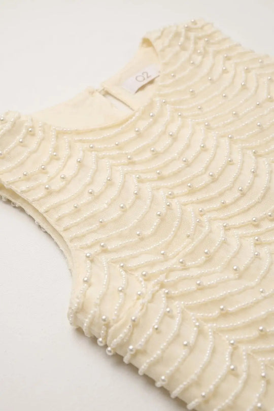 Cream Embellished Beaded Scallop Hem Sleeveless Blouse Top - Tops