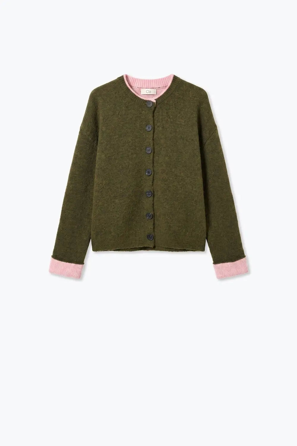 Olive Fine Knit Pink Ribbed Trim Button Cardigan - GREEN / ONE - Cardigans