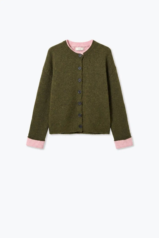 Olive Fine Knit Pink Ribbed Trim Button Cardigan - GREEN / ONE - Cardigans