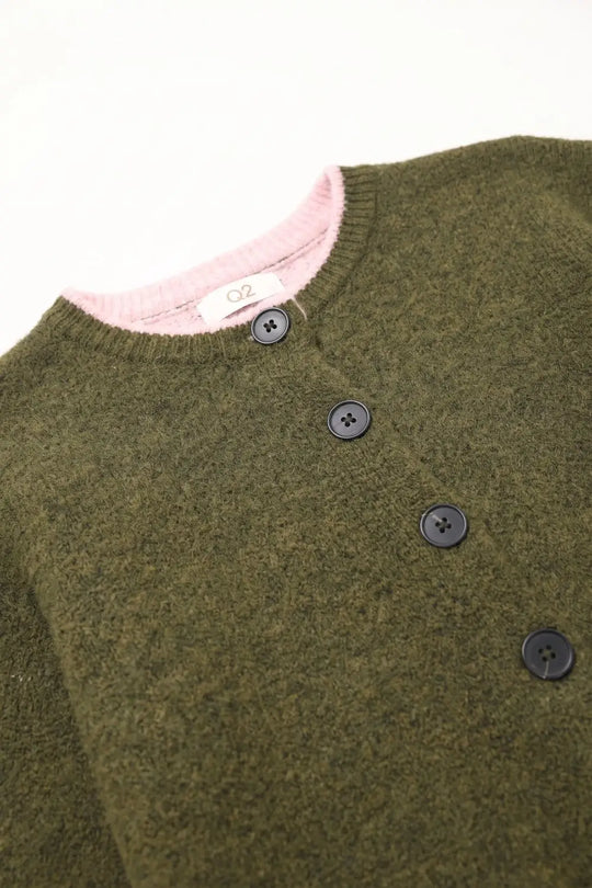 Olive Fine Knit Pink Ribbed Trim Button Cardigan - GREEN / ONE - Cardigans