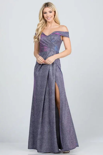 Off the Shoulder Glittery Jacquard Dress - Navy Blue / S