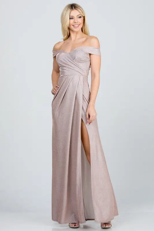 Off the Shoulder Glittery Jacquard Dress - Blush / L
