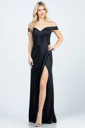 Off the Shoulder Glittery Jacquard Dress - Black / L